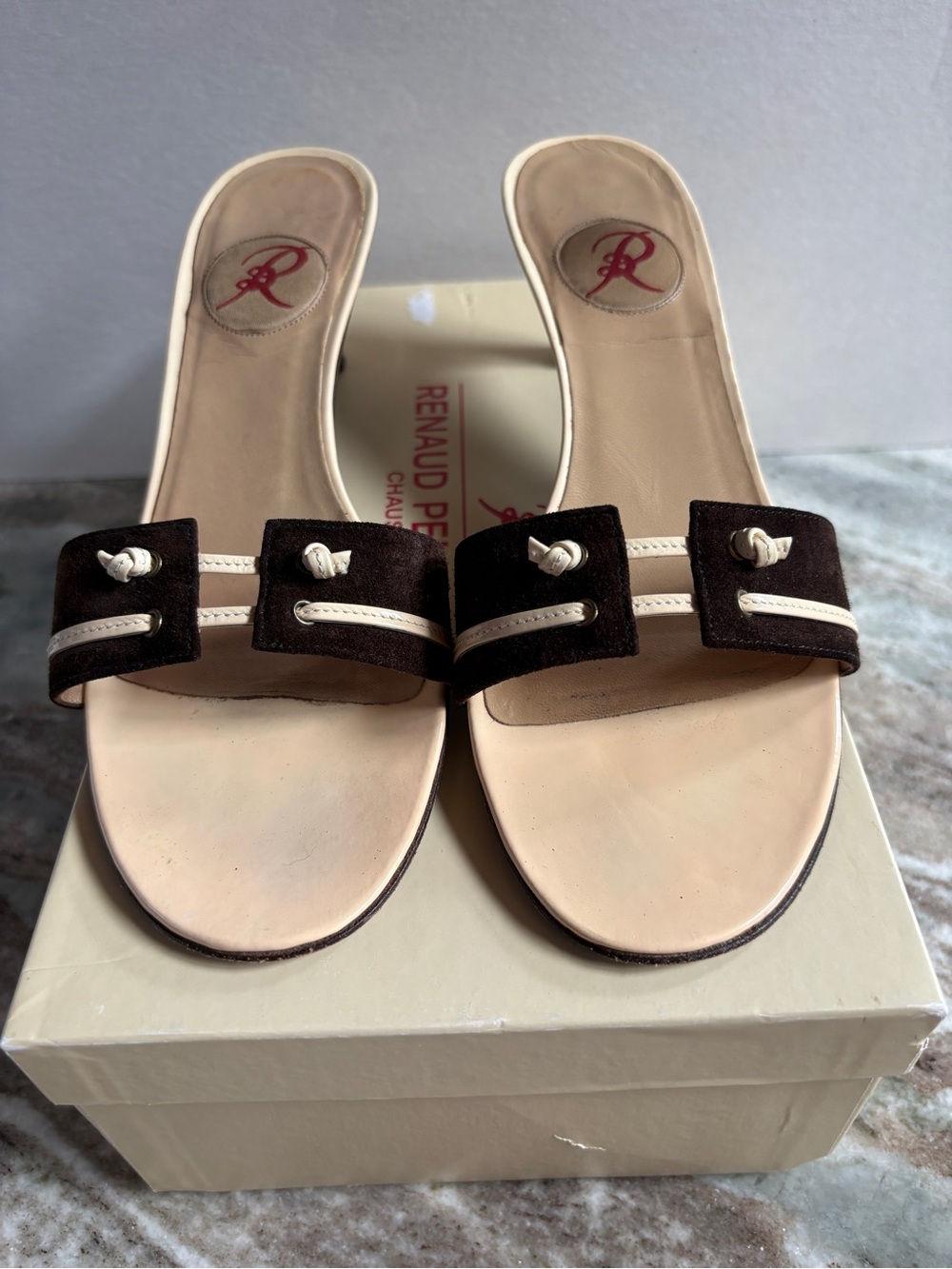 Renaud Pellegrino Beige and Dark Brown Leather Slide Sandals